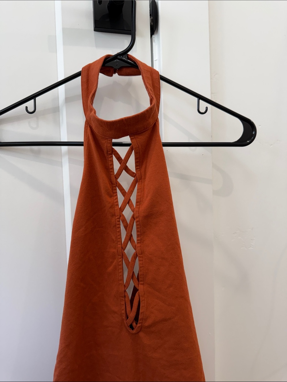 Rust Halter Bodysuit with Lattice Front and Open Back